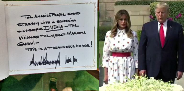 अमेरिकी राष्ट्रपति डोनाल्ड ट्रंप ने राजघाट जाकर महात्मा गांधी की समाधि पर श्रद्धा-सुमन अर्पित किया