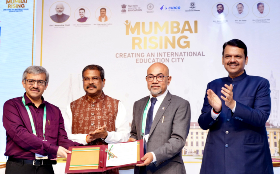 CM Devendra Fadnavis and Union Minister Dharmendra Pradhan granted Letters of Intent (LOIs) to five international universities to establish campuses in Maharashtra — a project facilitated by the ‘Mumbai Rising – Creating an International Education City’ campaign