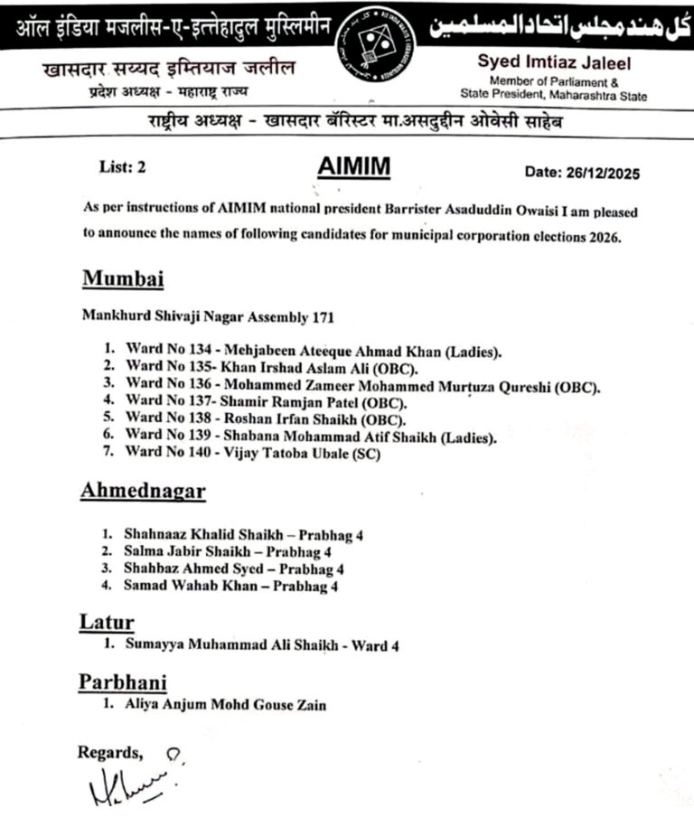 Mumbai BMC चुनाव के लिए AIMIM ने जारी की 7 उम्मीदवारों की पहली सूची..